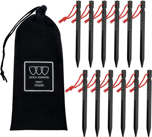 Gold Armour 12 Pack Heavy Duty Tent Stakes, Lightweight Camping Pegs for Outdoor Tent and Tarp Accessories