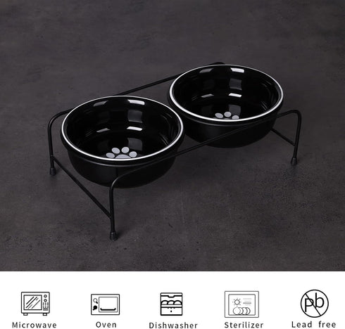 Porcelain Raised Cat or Small Dog Bowls - Heightened Metal Stand with Non-Slip Bottom, 15 Ounces (Black)