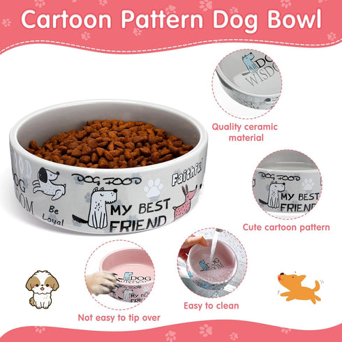 2 Pcs 5 Inch Ceramic Dog Bowl, Cute Cartoon Pattern, Durable Dog Dishes for Small Dogs, Dishwasher Safe