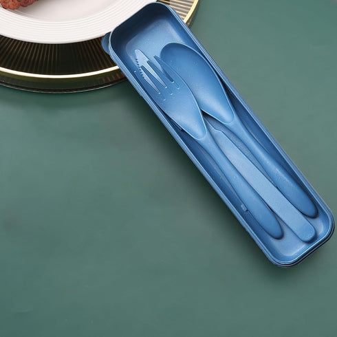 Reusable Travel Utensils Set with Case, Wheat Straw Portable Cutlery, Eco-Friendly Tableware for Kids, Adults, Blue