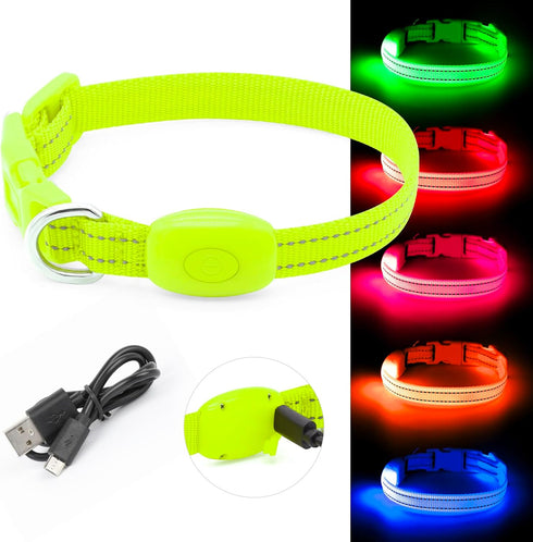 BSEEN Adjustable LED Dog & Cat Collar - Green, Rechargeable, Small Breeds, 8.5-11.8 inches, Lightweight, Reflective, 2