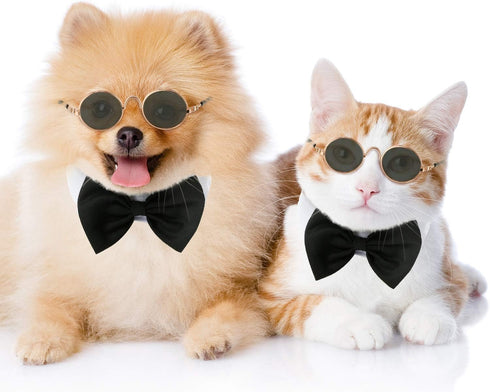 2 Pieces Pets Dog Cat Bowtie Tie Sunglasses, Adjustable Formal Necktie Collar for Cats Small Dogs (Black White)
