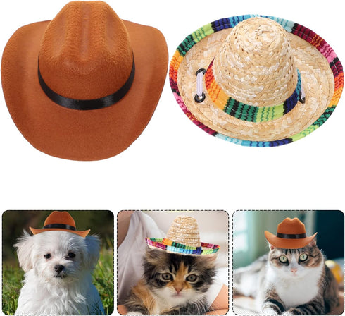 Hemobllo Dog Hat, Cool Western Cat Costume Hat Adjustable Straw Hat Funny Pet Party Headwear Christmas Costume Accessories Hats for Dogs Cats (2PCS)