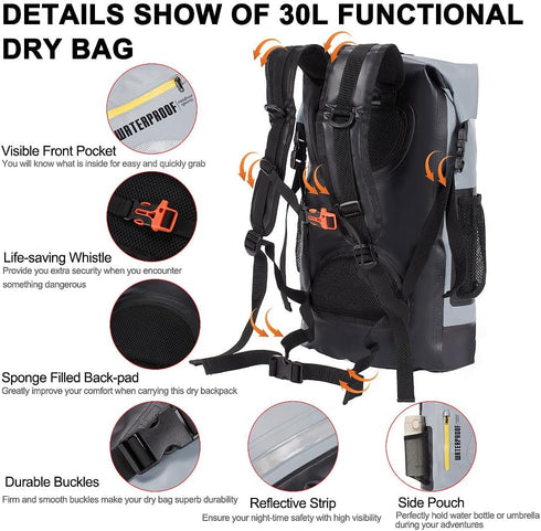 XhuangTech 30L Waterproof Drybag, Durable Heavy Duty Duffel Bag for Kayaking, Rafting, Fishing