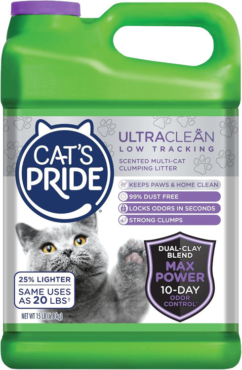 Cat's Pride Max Power UltraClean Low Tracking Multi-Cat Clumping Litter, 15 Pounds - 10 Days Odor Control