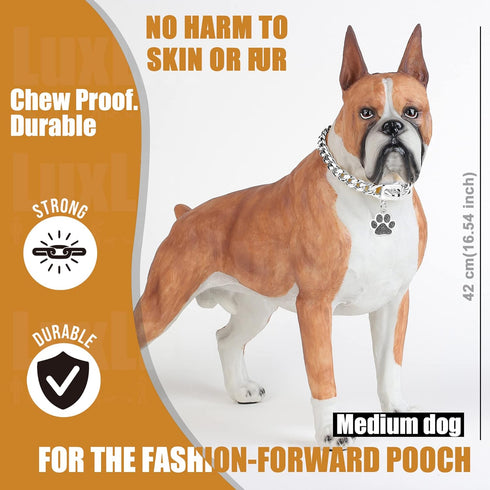 Cuban Link Dog Collar 12mm with Dog Tag Buckle, Silver Stainless Steel Chain for Small Medium Large Dogs (14“)
