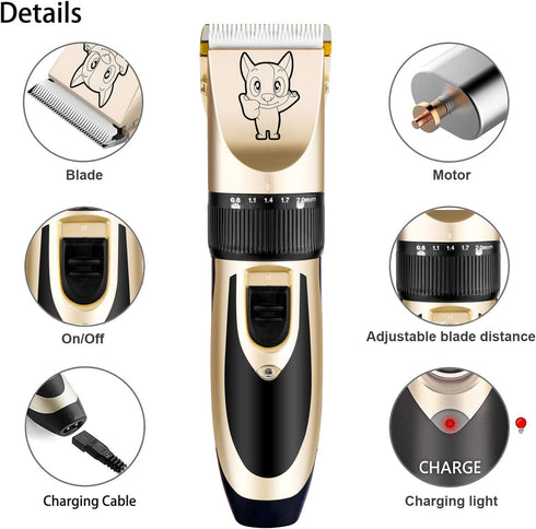 Dog Grooming Kit Clippers - Low Noise, Electric Quiet, Rechargeable, Cordless for Thick Coats, Suitable for Dogs & Cats