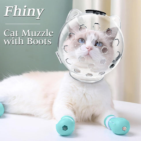 Fhiny Cat Muzzle - Transparent Helmet with 4 Boots - Adjustable Breathable Kitty Hood Anti Bite Bubble Mask for Cats