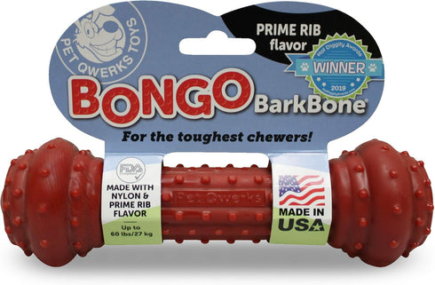 Pet Qwerks Bongo BarkBone, Nylon Dog Bone for Aggressive Chewers, Prime Rib Flavor, Medium