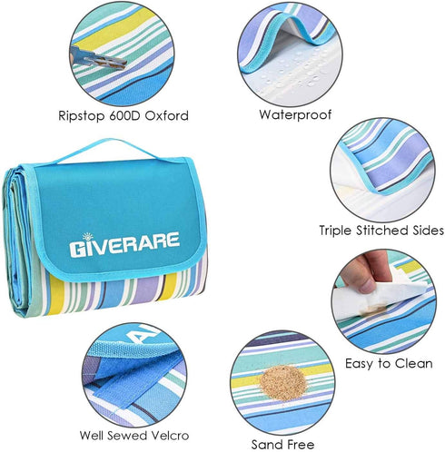 GIVERARE Picnic Beach Blanket, XL Sandfree Waterproof Outdoor Camping Blanket, Quick Drying