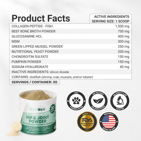 WuffWell Hip and Joint Powder Supplement for Dogs - Glucosamine Dog Joint Health - Joint Supplement for Dogs Powder