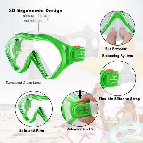 Kids Mask Fins Snorkel Set with Diving Mask, Snorkel, Adjustable Swim Fins, Mesh Bag for Snorkeling Swimming