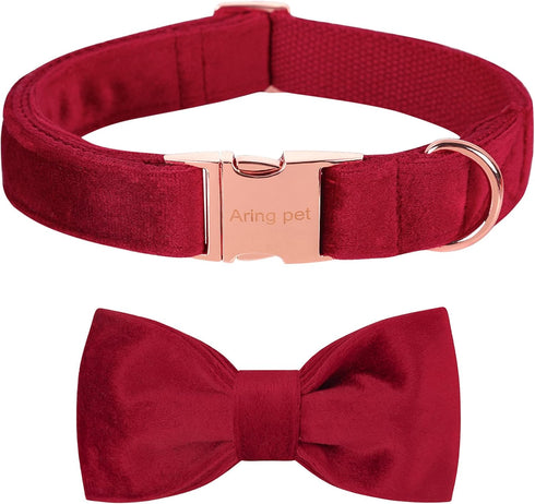 ARING PET Velvet Dog Collar - Soft Bowtie with Metal Buckle, Cute Comfortable Christmas Red Collar for Small Medium