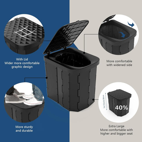 Hapoon XL Portable Folding Camping Toilet with Lid - Travel Portable Potty for Adults, Car Toilet, Light Black