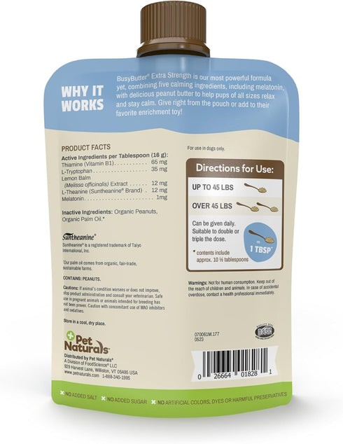 Pet Naturals BusyButter Extra Strength Calming Peanut Butter with Melatonin for Dogs - Great for Treats, Lick Mats, Training, Calming, and Enrichment Toys