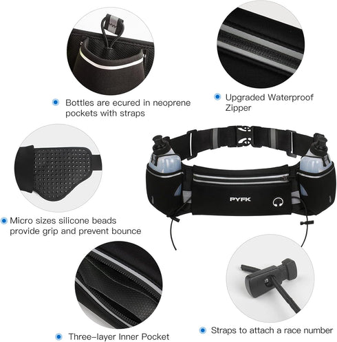 PYFK Upgraded Running Belt with Water Bottles, Hydration Belt for Men and Women, Fanny Pack for Running Hiking