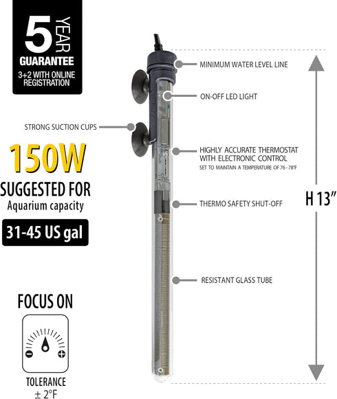 Sicce Scuba 150 Watt Aquarium Heater, Preset at 77? for Up to 45 Gallons, Submersible for Freshwater