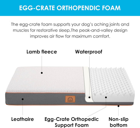 XXL Dog Bed, Extra Large Waterproof Orthopedic Bed with Removable Washable Cover for Large Dogs, Egg-Crate Foam, Light