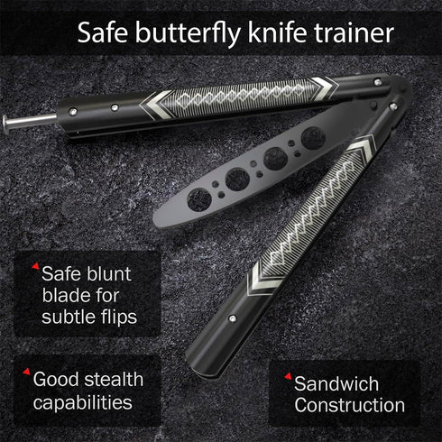 GOOD WORKER Butterfly Trainer, Practice Balisong Butterfly Knife, NOT Sharp Blade, Black Dull Trick