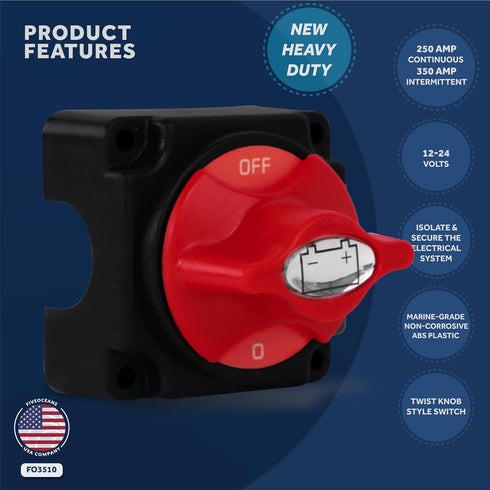 Five Oceans Marine Battery Disconnect Switch On-Off with Knob, 250 Amp Continuous, 12-24 Volts - FO3510