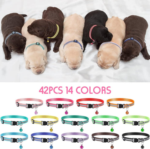 42 Pcs Puppy Collars for Litter, Adjustable ID Collars with Bell for Newborn Dogs and Cats, Reflective