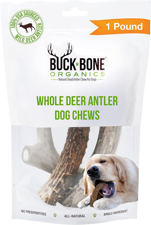 Buck Bone Organics Dog Chews, Deer Antlers for Dogs, Long Lasting Bones for Aggressive Chewers, All Natural, Med/Large