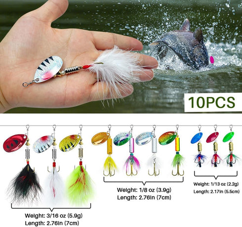 FouceClaus 10pcs Spinner Lures Baits with Tackle Box - Bass Trout Salmon Fishing Lures Kit