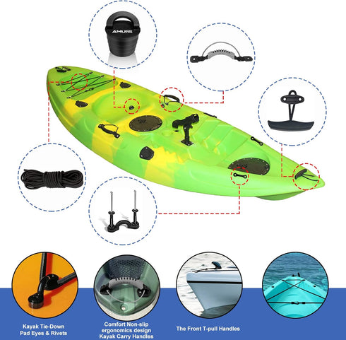 Kayak Carry Handles - Accessory Kit with T-Handle, 8 Feet Bungee Cord, Rivet Pad Eyes for Canoe