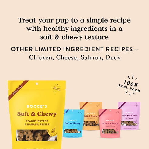 Bocce's Bakery Oven Baked PB & Banana Recipe Treats for Dogs, Wheat-Free, All-Natural Soft & Chewy Cookies, 6 oz
