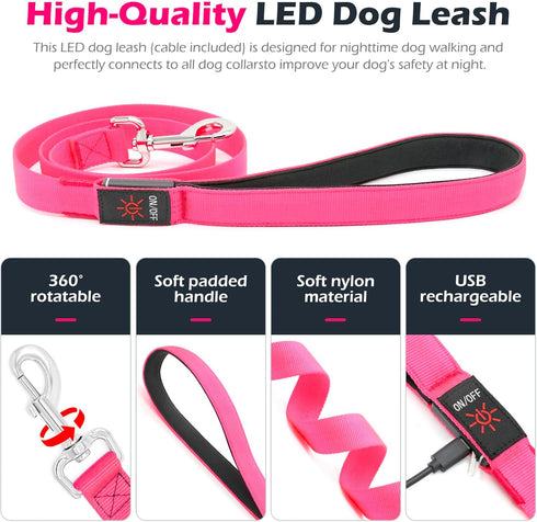 LED Dog Leash, Light Up 4 Feet Micro USB Rechargeable Nylon Webbing Glow Safety Standard Leash, Pink