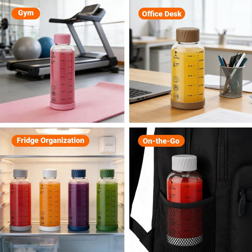12 oz 4 Pack Glass Juice Bottles Glass Water Bottles with Stainless Steel Lids Leakproof, BPA Free, Heat-Resistant
