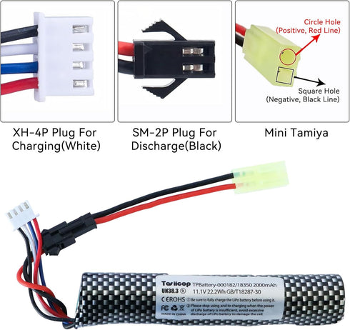 Tosiicop 11.1V 2000mAh SM2P 1 Pack Airsoft Gel Blaster Battery - Water Bead Splatter Ball Batteries with Mini Tamiya