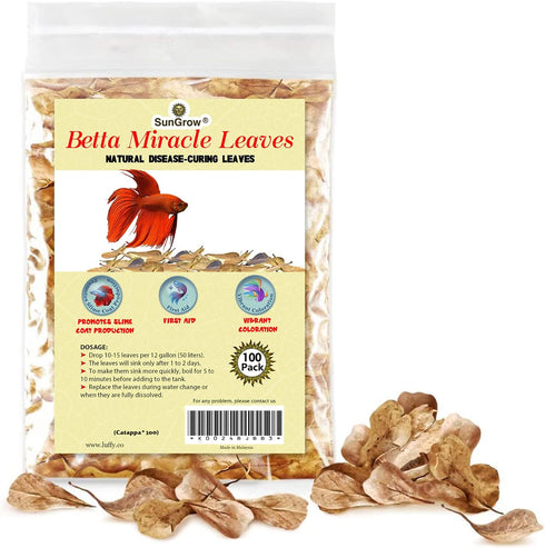 SunGrow 100 pcs Catappa Indian Almond Leaves for Betta Fish Tank, 2” Water Conditioner Leaves
