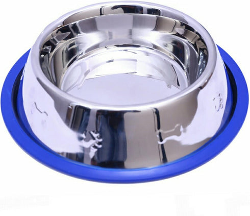 Set of 2 Etched Stainless Steel Dog Bowls, 32oz Each with Non-Skid No-Tip Silicone Ring, Easy to Clean