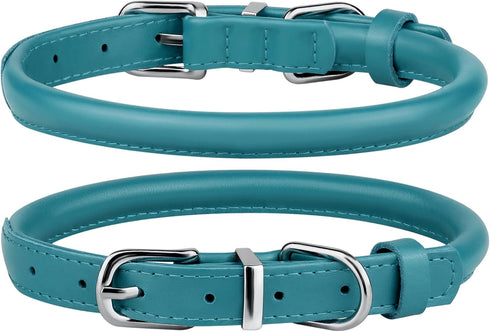 BRONZEDOG Rolled Leather Dog Collar for Small Medium Large Dogs with QR ID Tag (M: 14-16 Inch, Teal)