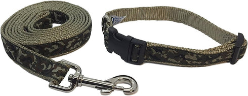 Preston Camouflage Dog Collar and Leash Set - Green and Brown Camo on Tan Webbing (Extra Small)