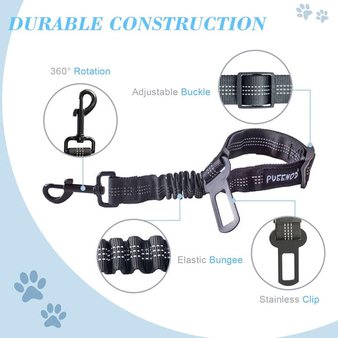 PUEENOD 2 Pack Dog Seat Belt Adjustable Dog Car Seatbelts for Vehicle Nylon Pet Safety Seat Belt with Elastic Bungee