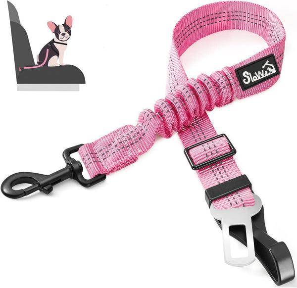 SlowTon Adjustable Dog Seat Belt, 2 in 1 Safety Leash with Elastic Nylon Bungee Buffer, Reflective Tether (Pink)
