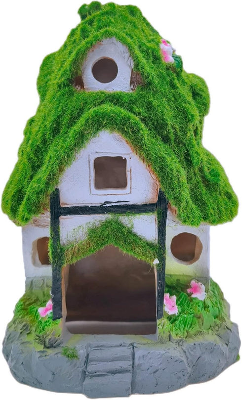 Aquarium Decorations Fish Hideout House, Betta Cave with Green Lifelike Moss (Garden Shed)
