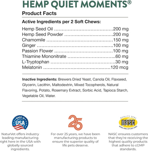 180 NaturVet Quiet Moments Calming Aid Dog Supplement, Helps Promote Relaxation, Reduce Stress, Storm Anxiety, Motion