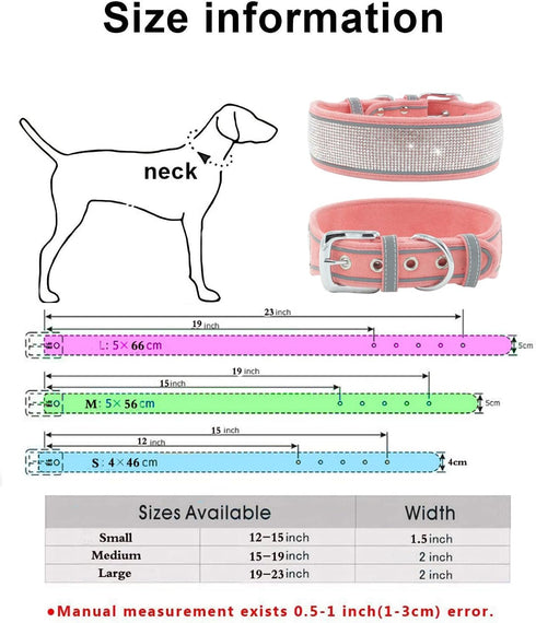 Rhinestone Dog Collar, Dazzling Soft Suede Reflective Collar for Medium & Large Dogs, Hot Pink (L:19-23")