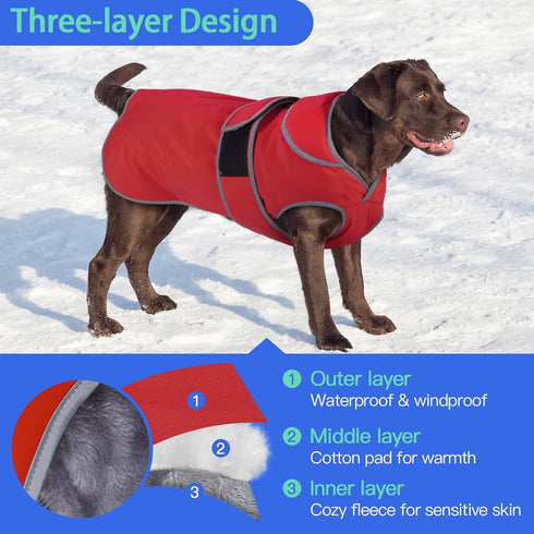 MIGOHI Reflective Waterproof Dog Coat, Medium, Red, Fleece Lined