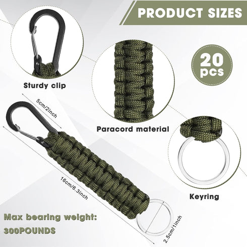Fumete 20 Pcs Paracord Keychain, Military Braided Clip with Strap for Women, Men, Camping, Fishing, Hiking