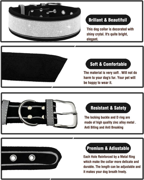 Bling Rhinestone Dog Collar, Soft Comfortable Stylish Collar with Bright Reflective Stripe, Adjustable Diamond Crystal