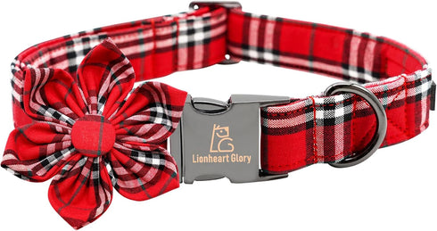Lionheart Glory Christmas Plaid Dog Collar, Adjustable Soft Comfortable Flower Collar for Small Dogs, Pet Gift Fall