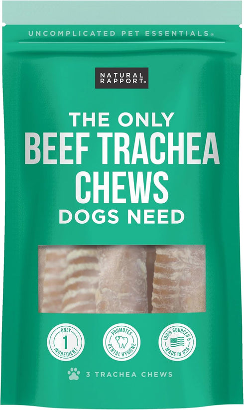 Natural Rapport Beef Trachea Dog Treats - All Natural Chews for Small and Large Dogs, 3 Chews