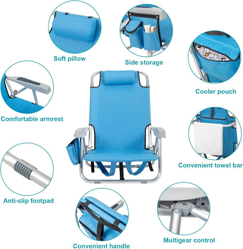 5 Backpack Folding Beach Chair, Position Portable Foldable Camping Chair with Headrest, Cup Holder, and Armrests,Blue
