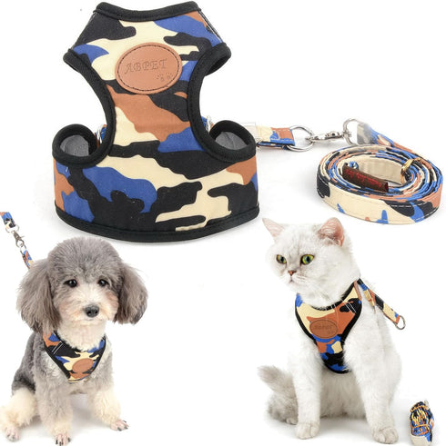 SMALLLEE_LUCKY_STORE Small Dog Cat Mesh Harness & Lead, No Escape Adjustable Padded Military Camo Blue, M