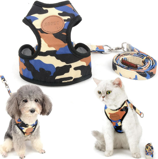 SMALLLEE_LUCKY_STORE Small Dog Cat Mesh Harness & Lead, No Escape Adjustable Padded Military Camo Blue, M