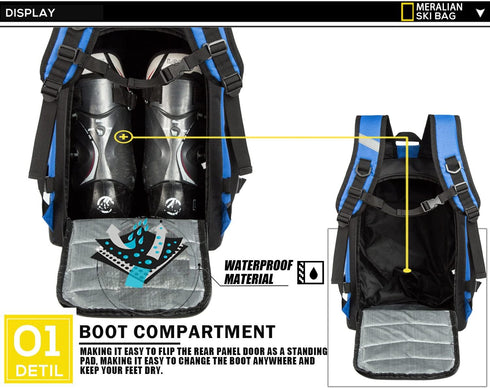Ski Boot Bag - 50L Waterproof Travel Backpack for Snowboard Boot Gear Including Helmet Goggles Outerwear